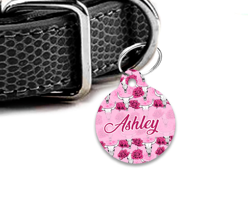 Pet ID Tag | Pink Boho Skull